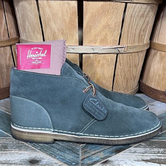 Clarks x Herschel Sage Green Suede Denim Limited Edition Desert Boots Mens 10.5 - Picture 1 of 13